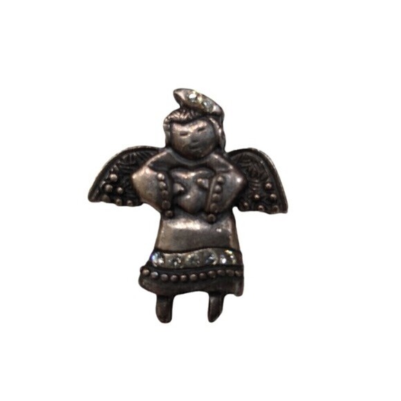 Antique Silvertone Angel Cherub with Heart Pin Brooch Rhinestones - Picture 2 of 4